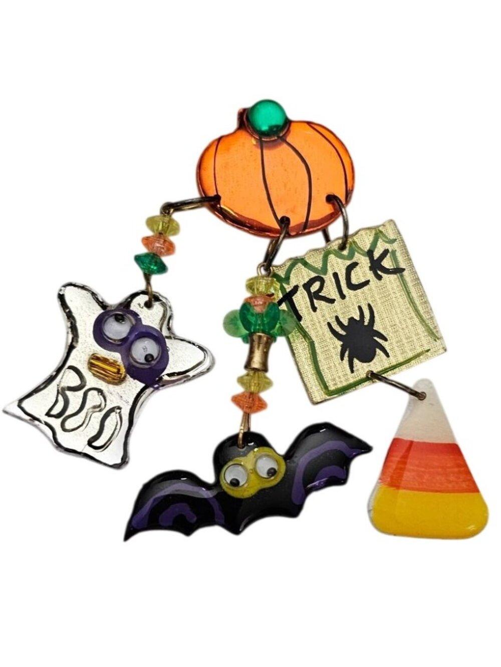 Vintage Kitsch Google Eye Pumpkin Bat Ghost Dangle Brooch Halloween Pin J886